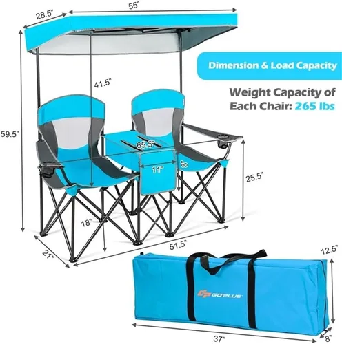 Vista 3 de Pemberly Row Sillas plegables portátiles con toldo para acampar con portavasos azul