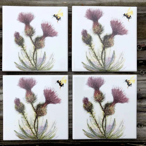 Vista 4 de Thistle and Honeybee Ceramic Tile - Indoor and Outdoor Use, Home Decor Decorative Tile