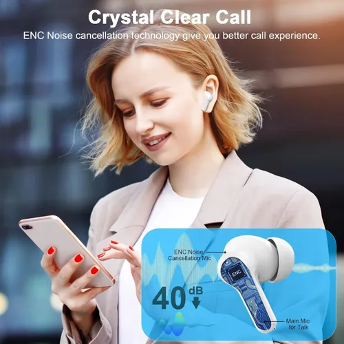 Vista 3 de Auriculares inalámbricos, auriculares Bluetooth 5.4 estéreo de graves profundos, auriculares intrauditivos con micrófonos ENC con cancelación