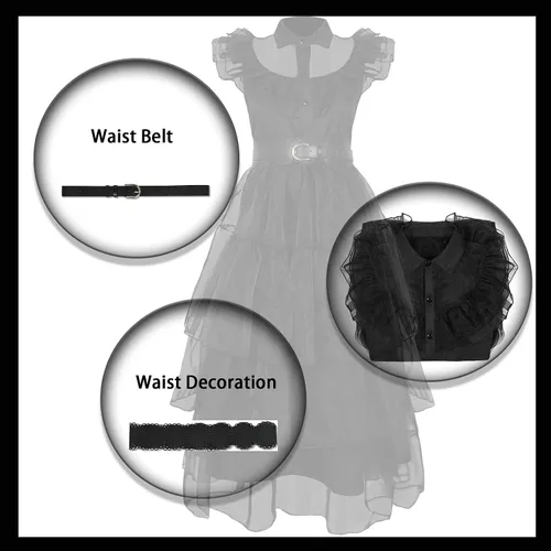 Vista 5 de shyhand Wednesdays Addams - Vestido para niñas y niños, juego de disfraz de miércoles, vestido de baile para cosplay, Halloween