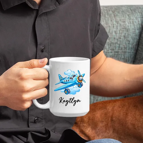 Vista 6 de Taza de café de avión personalizada con nombre de los niños, taza de café de avión personalizada de 11 onzas y 15 onzas, taza de cerámica blanca