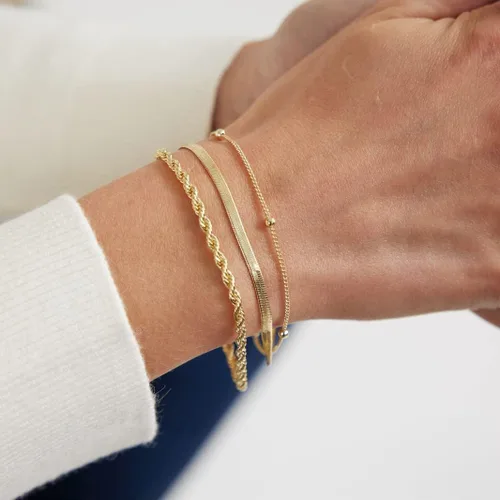 Vista 3 de VENOCO Pulseras de oro para mujer, delicadas pulseras de cuentas de oro de 14 quilates, conjuntos de pulseras de espiga ajustables en capas
