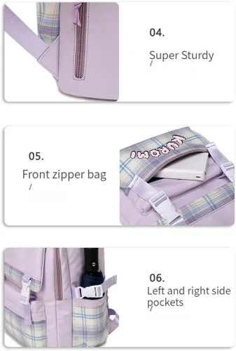 Vista 2 de Mochila japonesa Kawaii para mujeres y niñas, mochila estética linda con colgante rosa, mochila escolar duradera a la moda para niñas (púrpura)