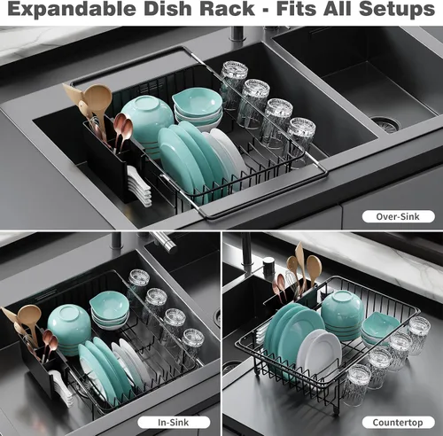 Vista 3 de Dish Drying Rack in Sink: Expandable, 3-Slot Utensil Holder, Anti-Slip Handle. Small Dish Rack: Ideal for Small Households. Kitchen Drying Rack