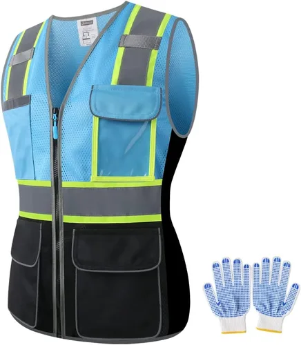 Vista 13 de Chaleco de seguridad para mujer, múltiples bolsillos, de alta visibilidad, reflectante, malla transpirable, chaleco de trabajo para dama, cremallera
