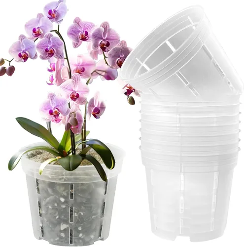 Vista 15 de Juego de 6 macetas de orquídea de 14 cm, macetas de orquídea para trasplante, macetas de orquídea transparentes de plástico con agujeros, maceta