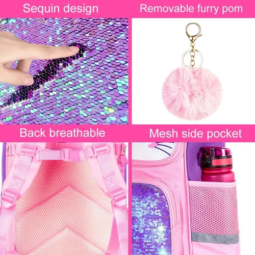 Vista 49 de KLFVB Mochila de 3 piezas para niñas y niños, bolsa de libros de dinosaurio de unicornio de 15 pulgadas con lonchera, bolsa escolar preescolar