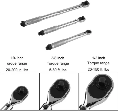 Vista 8 de Juego de 3 llaves dinamométricas de 3 1/4, 3/8, 1/2 Drive Click Type Snap Socket (3)