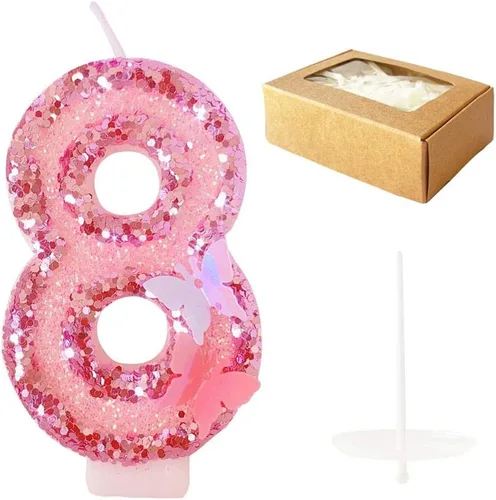 Vista 15 de Velas de cumpleaños número 4, velas de pastel de feliz cumpleaños con purpurina rosa hecha a mano rosado