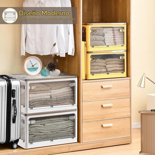 Vista 6 de DILIBRA Contenedores de almacenamiento de plástico de 28 litros con tapas, paquete de 2 contenedores apilables con ruedas y 4 puertas, cajas