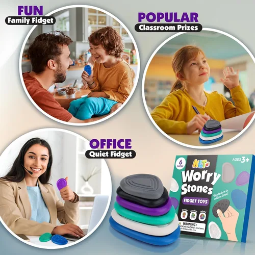 Vista 6 de Juguetes Fidget para Adultos de Piedra Sensorial: Paquete de 6 Piedras de Preocupación Texturizadas para Niños Autistas para Calmarse - Juguetes