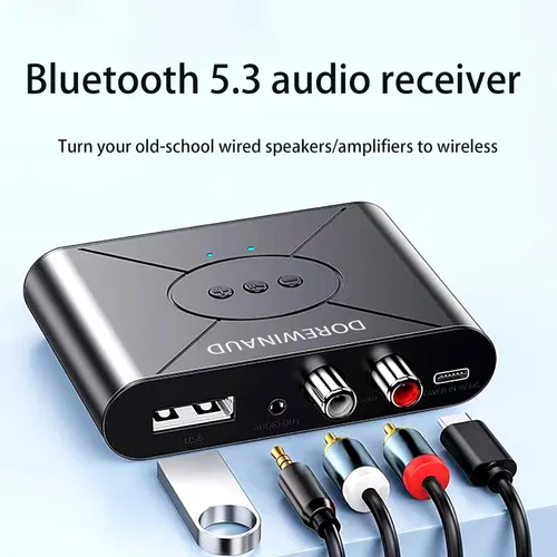 Vista 3 de Receptor de audio Bluetooth 5.3, receptor de audio inalámbrico Adaptador RCA para estéreo, unidad flash USB/NFC conexión de una tecla/altavoces