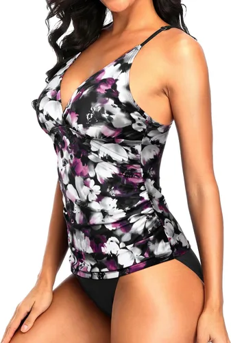 Vista 4 de Holipick Conjunto de tankini de dos piezas con control de abdomen para mujer, con cuello en V, tankini con parte inferior