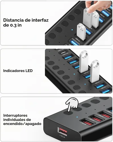 Vista 7 de Hub USB 3.0 alimentado, Splitter de Hub USB de 16 puertos (10 USB-A 3.0+2 QC 24W de carga rápida+2 de carga inteligente+2 puertos USB-C 3.0)