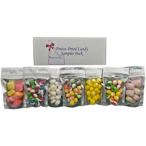 Vista 2 de Paquete variado de dulces liofilizados – 7 bolsas de muestras de dulces liofilizados – Gem State Food – Caja de regalo – Skiddles liofilizados