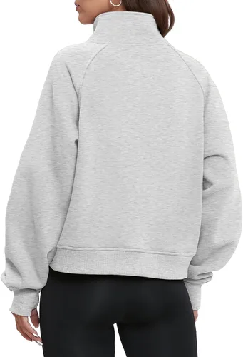 Vista 3 de ATHMILE Sudaderas para mujer, sudaderas cortas con capucha y media cremallera, forro polar, suéter con cremallera de un cuarto, suéter de moda