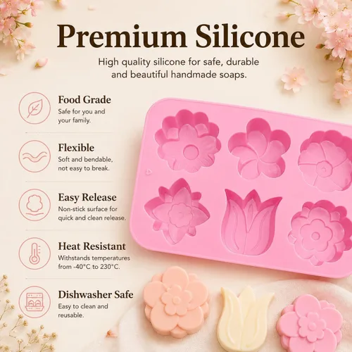 Vista 6 de 6-Cavity Floral Silicone Mold 2-Pack – Flexible DIY Soap, Chocolate, Wax & Resin Mold for Handmade Crafts – Purple & Blue, Non-Stick & Heat Resistant