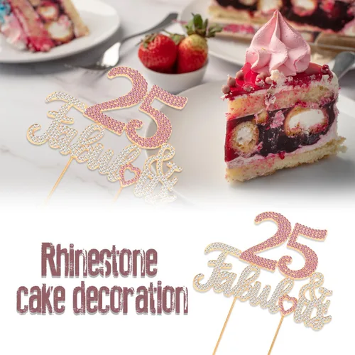 Vista 3 de 25 y fabulosa decoración de pastel de diamantes de imitación dorados y rosados – Feliz cumpleaños 25 años saluda a 25 años de edad, decoración