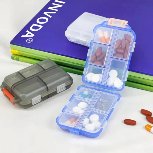 Vista 8 de Organizador de pastillas de viaje portátil, estuche pequeño para bolsillo, pastillero para bolso, organizador de medicinas con 10 compartimentos
