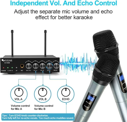 Vista 5 de FIFINE Micrófono de mano inalámbrico UHF de doble canal, fácil de usar, sistema inalámbrico para karaoke K036
