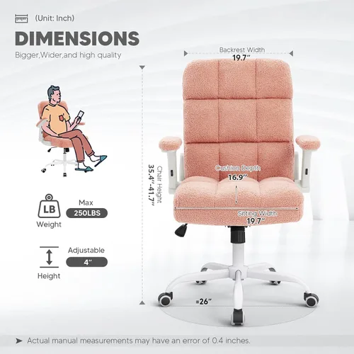 Vista 3 de SEATZONE Silla de oficina rosa ergonómica con ruedas, silla de escritorio para computadora de felpa sintética, silla de oficina cómoda para mujeres