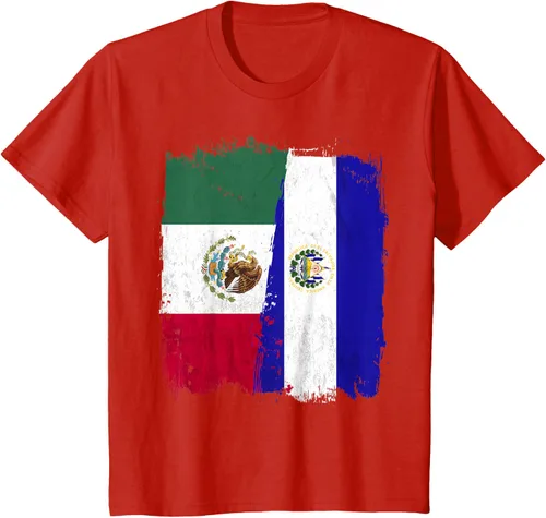 Vista 3 de Camiseta con la bandera mexicana de El Salvador con la mitad de la bandera mexicana de El Salvador