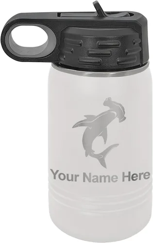 Vista 11 de LaserGram Botella de agua personalizada, tiburón martillo, acero inoxidable de doble pared aislada al vacío con popote superior, regalo grabado