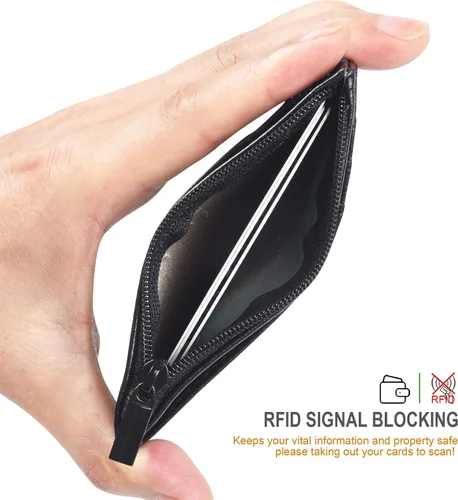 Vista 5 de Teskyer - Cartera minimalista delgada, soporte para tarjetas de crédito con bloqueo RFID, compartimento frontal de piel para documentos