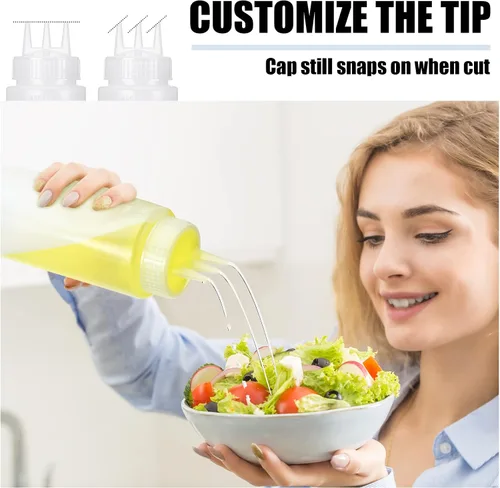 Vista 6 de Dingion 8 botellas exprimibles de 3 agujeros de 16 onzas, botellas de plástico para condimentos, recipientes para aderezo de ensalada para salsa