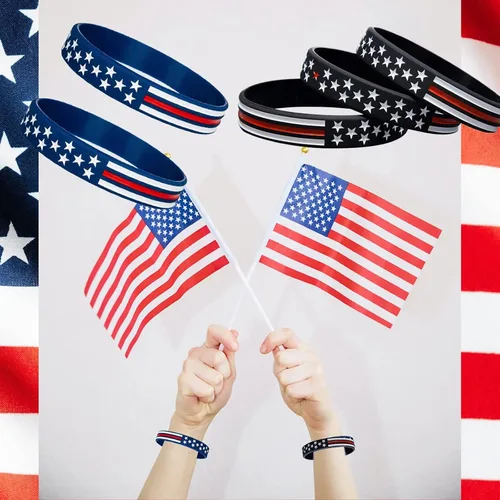 Vista 3 de COYOUCO Paquete de 10 pulseras con la bandera estadounidense, fina línea roja, de goma de silicona, para americanismo, patriótico, vacaciones