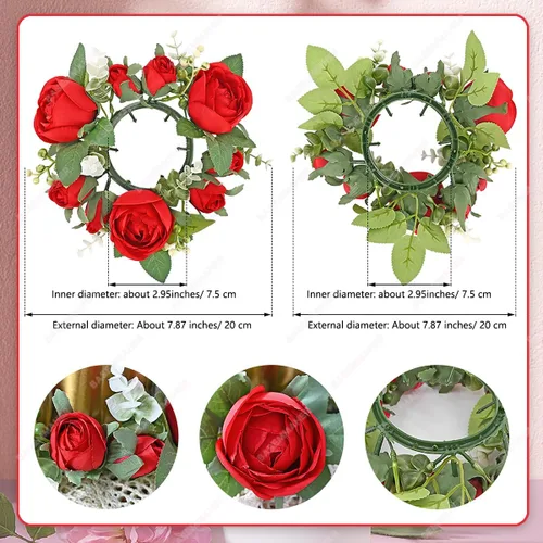 Vista 2 de Anillos de vela de rosas rojas para el día de San Valentín, coronas, flores artificiales con hojas verdes, mesa floral, centro de mesa, mini