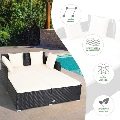 Vista 6 de COSTWAY Sofá Cama de Ratán para Patio Exterior, Sofá de Dos Plazas con Cojines de Esponja y 4 Almohadas, Muebles de Mimbre Cama Solar para Balcón