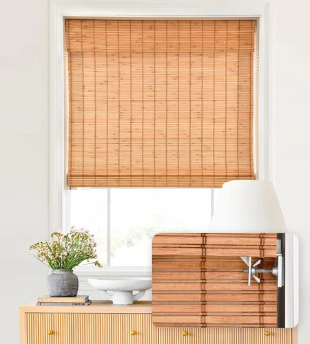 Vista 21 de LazBlinds - Cortinas romanas de bambú personalizadas sin cordón, tratamiento de ventana con filtro de luz, persianas enrollables de bambú retro