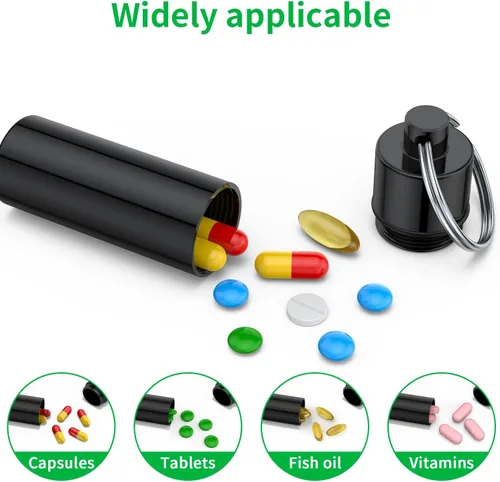 Vista 3 de Pastillero pequeño, (paquete de 5) llavero portapíldoras portátil mini contenedor de píldoras de viaje estuche metálico botella con llavero