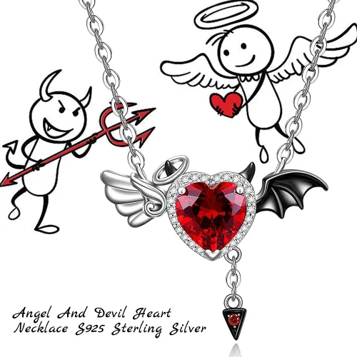 Vista 3 de Collar de medio ángel y medio diablo, símbolo de amor y ángel y diablo, colgante de alas de demonio, plata de ley, joyería de murciélago de Halloween