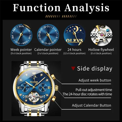 Vista 4 de OLEVS Relojes automáticos para hombre, de lujo, de cuerda automática, reloj de pulsera mecánico, de acero inoxidable, impermeable, luminoso, fecha