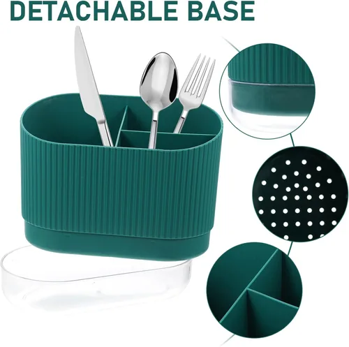 Vista 8 de Soporte para utensilios de cocina, organizador de cubiertos de plástico con drenaje para palillos, 3 compartimentos, cuchara y tenedor
