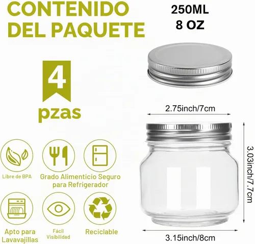 Vista 2 de Tarros Mason de 8 onzas con tapas, paquete de 4 tarros pequeños de vidrio de boca regular