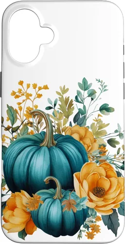 Vista 22 de iPhone 16 Teal Autumn Pumpkin Floral Fall Harvest Foliage Case