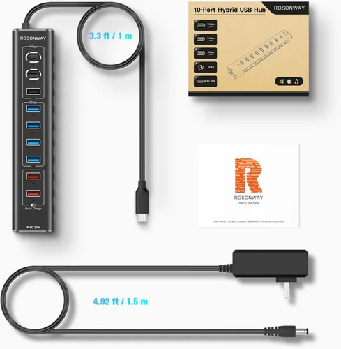 Vista 8 de Rosonway Hub USB 3.2/USB C alimentado de 10 puertos de 60 W con puertos USB-3.2 de 3 x 10 Gbps (2C + 1A), 4 puertos de datos USB 3.0, 1 USB-C PD y 2