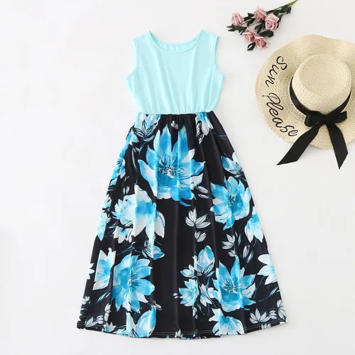 Vista 2 de Vestido largo de verano para niña, largo hasta el suelo, floral, sin mangas, retazos, holgado, casual, vestido largo, para fiesta, ropa de playa