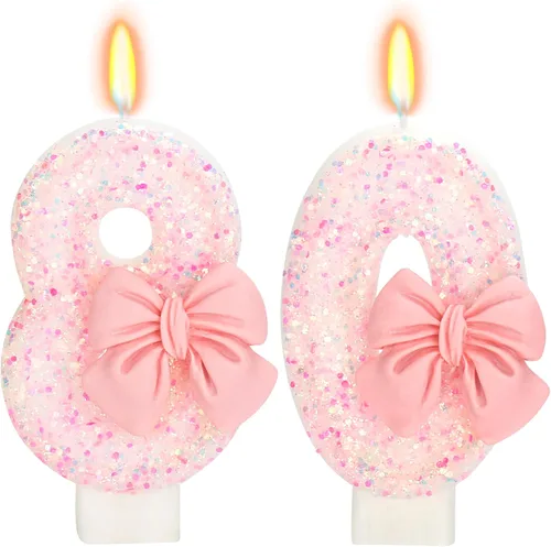 Vista 40 de Vela de cumpleaños para pastel, vela 0 - purpurina rosa con lazo, vela de feliz cumpleaños de 2.76 pulgadas, adorno superior de pastel para fiestas
