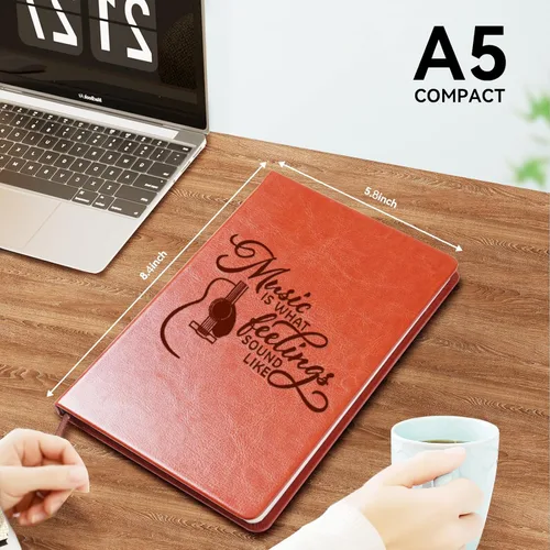 Vista 2 de LBWCER Diario de cuero con nota musical, "Music is What Feelings Sound Like" - Cuaderno de notas con dije de nota musical, regalo para profesor