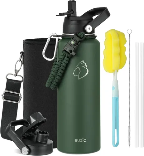 Vista 31 de BUZIO Botella de agua de 32 onzas aislada con popote y 3 tapas y bolsa de transporte, a prueba de fugas, frasco jarra de agua de acero inoxidable