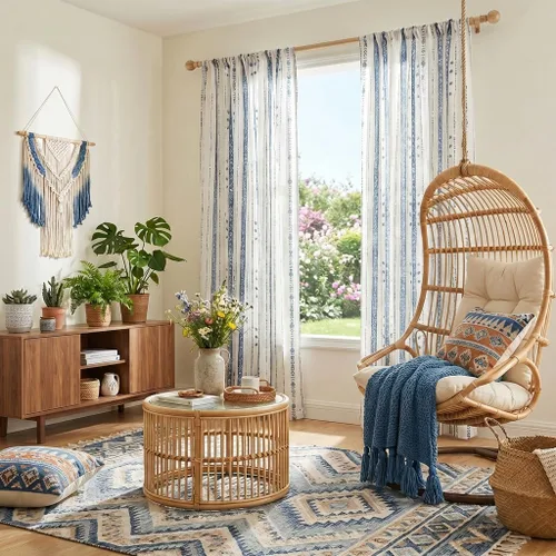 Vista 2 de Juego de 2 paneles de cortinas de lino bohemio, cortinas de semi privacidad para sala de estar, cortinas rústicas de campo de 54 pulgadas de largo