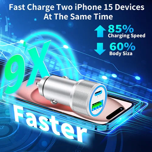 Vista 3 de USB-C Car Charger Fast Charging, Veetone 2Pack 66W PD&QC3.0 All Metal Type-C Power Cigarette Lighter USB Charger for iPhone 15/15 Plus/15 Pro/15 Pro