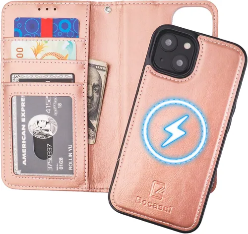 Vista 10 de Bocasal Funda tipo cartera desmontable para iPhone 14 con bloqueo RFID, ranuras para tarjetas, soporte de piel sintética de alta calidad, soporte
