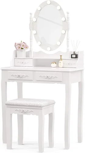 Vista 7 de SkiPack NA - Juego de mesa de tocador con 4 cajones, tocador de maquillaje con taburete acolchado, juego de muebles de dormitorio para niñas y Blanco