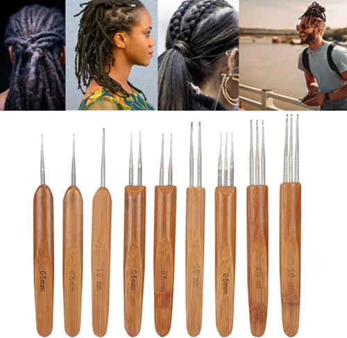 Vista 5 de Herramienta de gancho de ganchillo para rastas, 9 unids/set individual doble de tres ganchos, mango de bambú, gancho de ganchillo, aguja trenzada