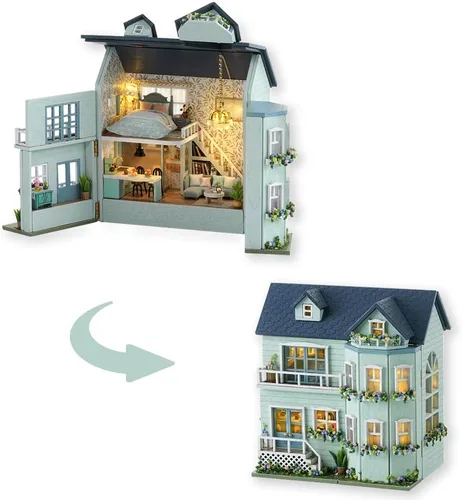 Vista 8 de TuKIIE Kit de casa en miniatura con muebles, a escala 1:100, sala creativa, mini casa de muñecas de madera, rincón de libro para niños, adolescentes